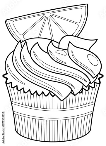 Cupcake with custard and orange slice - vector drawing in outline and black and white style