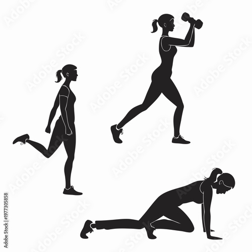 A set of black silhouette illustrations of a woman performing various exercises with dumbbells and bodyweight in a modern fitness style