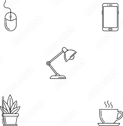 Set of office and workspace icons, line art style including computer mouse, smartphone, desk lamp, houseplant, and coffee cup
