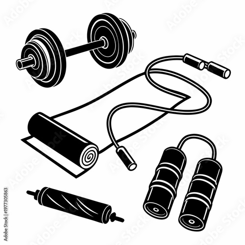 A black and white vector illustration of various fitness equipment including dumbbells and jump rope