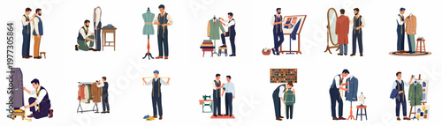 Collection of professional male tailors measuring, fitting, and designing bespoke suits and formal wear in various workshop scenes, isolated on white background.
