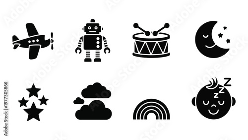A collection of black silhouette icons depicting bedtime themes an airplane robot drum moon stars and a sleeping baby high quality