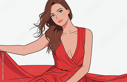 Elegant Woman in Red Dress Illustration