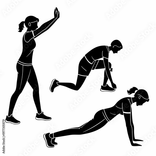 A set of three black silhouette illustrations of women performing various exercises