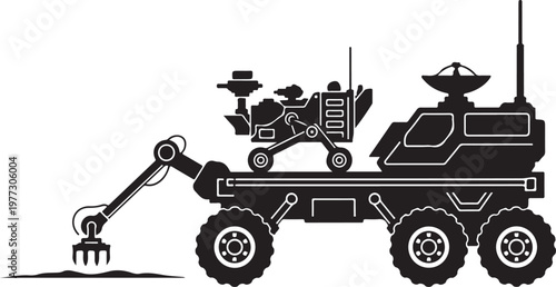 Robotic Mars Rover, Space Exploration Vehicle, Black Vector Illustration, Spacecraft Design Elements