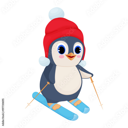 penguin on skis. Perfect for New Year’s or Christmas cards, decorations for daycare centers or children’s rooms during the winter season, or as a print on children’s T-shirts, hoodies, mugs, or sticke