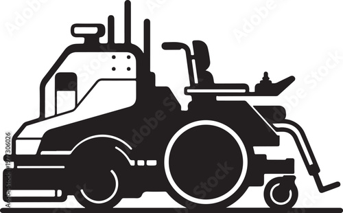 Black asphalt paver vector, road construction equipment, paving truck, heavy machinery icon