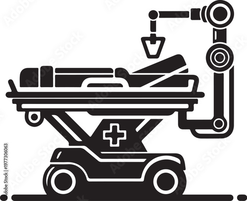 Medical hospital bed, stretcher, gurney icon, black and white vector