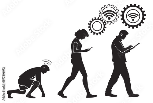 A vector graphic illustration of people in a progression from crawling to walking while using mobile devices with gears and WiFi symbols above them