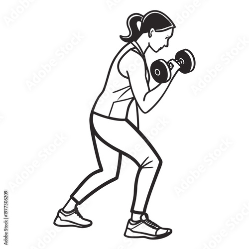 A woman in athletic wear performing a lunge exercise with dumbbells in a minimalist vector illustration