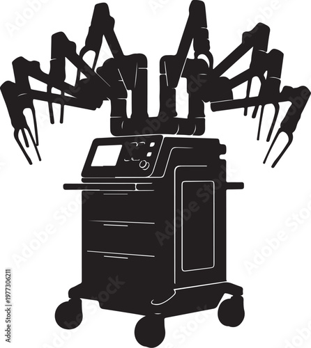 Black silhouette robotic surgical system, medical equipment vector, robotic arms instrument, surgical cart
