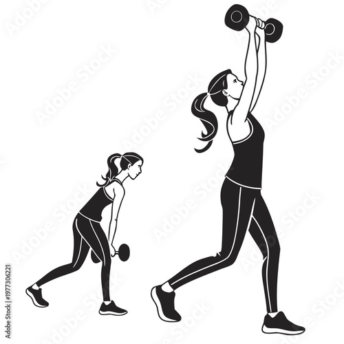 A vector graphic illustration of two women exercising with dumbbells in a modern fitness setting
