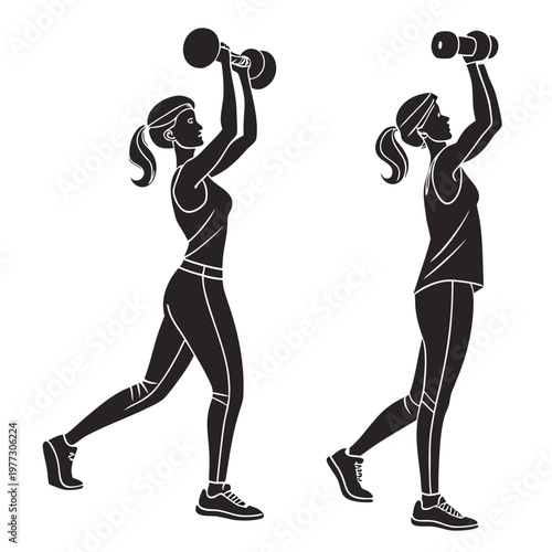 A vector graphic illustration of a woman exercising with dumbbells in a modern fitness style
