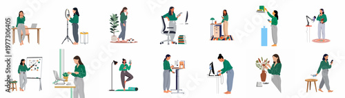 Collection of Flat Illustrations Depicting a Young Woman Working from Home, Creating Online Content, and Managing Her Daily Life in Various Remote Scenarios.