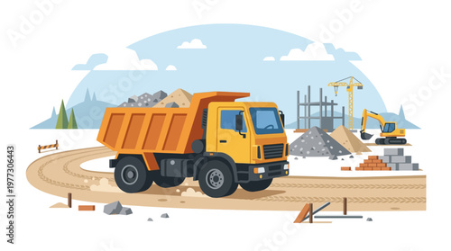 Construction Site Illustration with Yellow Dump Truck, Excavator, and Crane on Industrial Building Project Background