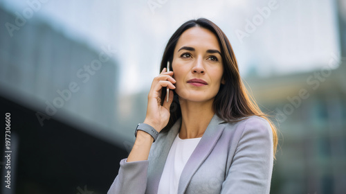 Professional Businesswoman Talking on Smartphone in Modern City, Confident Woman in Gray Blazer, Corporate Communication, Female Executive, Urban Business Lifestyle Portrait. outdo