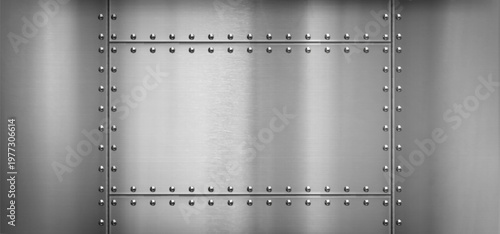 Steel metal border, background with rivets and iron texture, vector illustration. Polished silver sheet, aluminum surface panel with bolts, realistic scratches and metallic sheen, airplane wall design