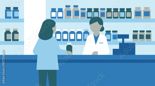 Woman purchasing medicine from pharmacist.