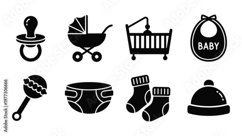 A collection of black silhouette icons representing various baby items like a pacifier stroller and clothing high quality professional detailed modern