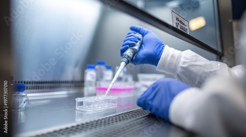 Medium shot capturing precise pipetting action inside a biosafety level 2 laminar flow hood gloved fingers in focus and the shield and workspace softly blurred.