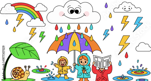 Cartoon rainy day weather vector set, cute children in raincoats with umbrella, colorful storm clouds with lightning and rainbow icons