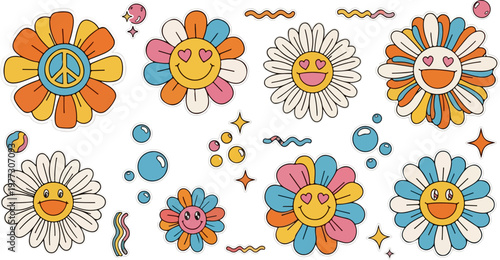 Retro 70s hippie flower power vector set, colorful groovy daisy characters with smiley faces, vintage aesthetic floral elements for stickers