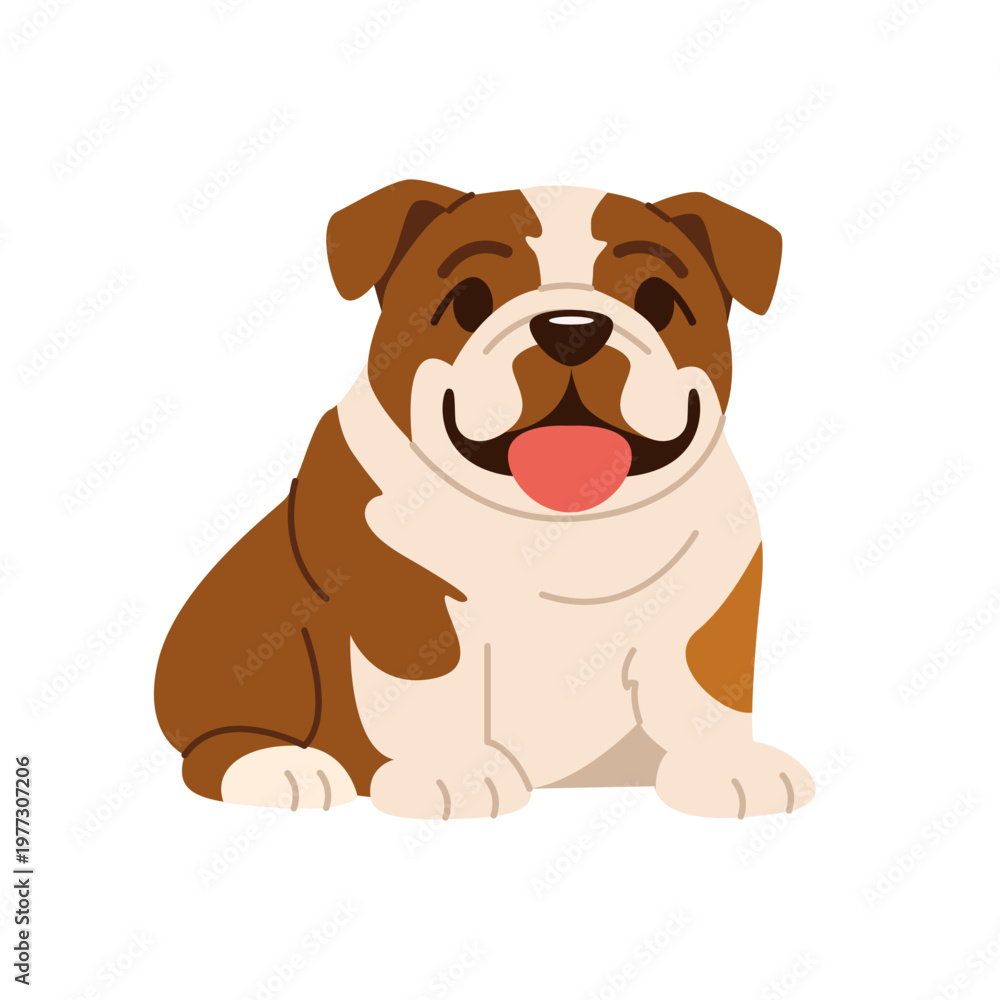 Fototapeta premium Cute English Bulldog Dog Sitting Isolated on White Background. Clipart Pet. Flat Vector Illustration.