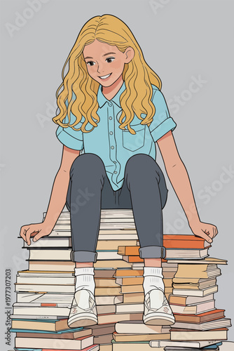 Young Girl Sitting on Stack of Books Illustration