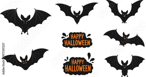 Halloween bat vector collection, black flying bats with orange eyes, spooky happy halloween typography labels, set of 6 bat silhouettes for party decor