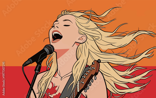 Woman Singing with Guitar and Microphone