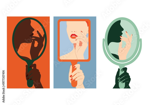 Foto Set of Minimalist Aesthetic Illustrations of Women Looking into Handheld Mirrors