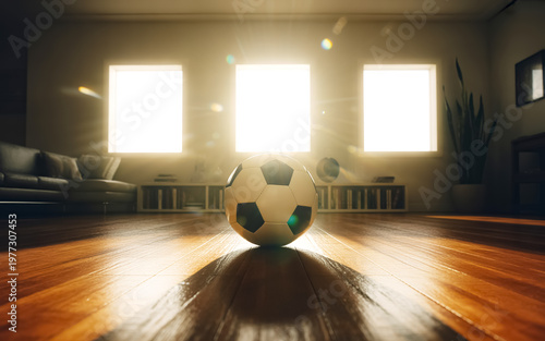 Soccer Ball on Wooden Floor in Sunny Room