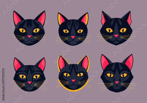 Black Cat Icons Vector Set: Minimalist Flat Design Animal Portraits for Halloween and Pet Branding
