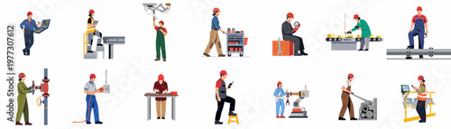 Comprehensive collection of industrial worker illustrations showing diverse professionals in safety gear performing various manufacturing, maintenance, and engineering tasks in a factory setting.
