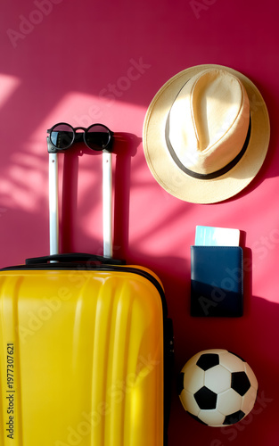 Summer Travel Essentials with Yellow Suitcase and Passport