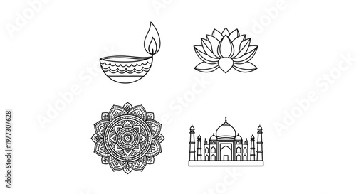 Indian cultural symbols and architecture icons.