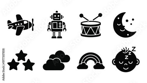 A collection of simple black silhouette icons depicting bedtime objects like a plane robot drum and sleeping child high quality professional