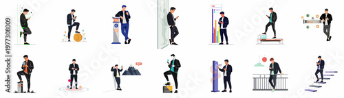 Collection of Flat Vector Illustrations Featuring a Young Man Using a Smartphone for Cryptocurrency Trading, Financial Analysis, and Digital Connectivity Activities