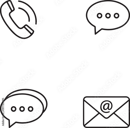 Set of communication icons, line art style including phone, chat bubble, and email envelope