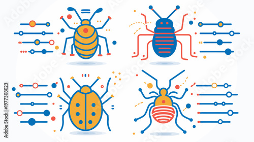 Four stylized insect icons with sliders for settings, blue, orange, red on white