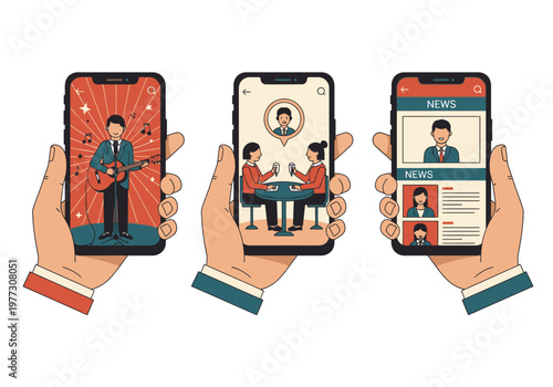 Hands Holding Smartphones with Multimedia Content, Digital News, Online Video Call, and Music Stream. Flat Illustration of Mobile App Interfaces.