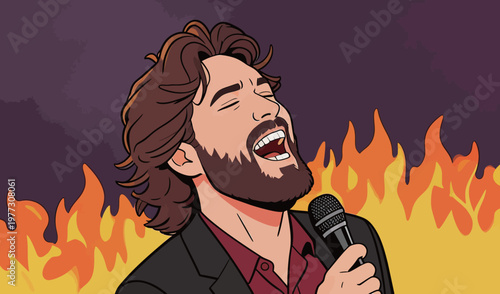 Bearded Man Singing with Microphone on Fire Background