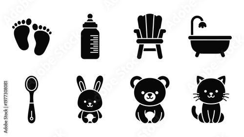 A collection of simple black icons depicting baby related items like footprints bottles toys and furniture high quality professional detailed modern