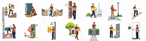 Εκτύπωση καμβά Set of flat illustrations showing delivery workers delivering parcels and packages to homes and various locations
