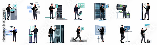 Set of illustrations featuring male and female IT professionals, hackers, and system administrators working with servers, data centers, and advanced technology interfaces.