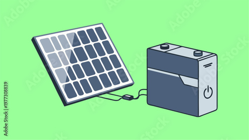 Portable Solar Panel Connected to Battery Power Bank Illustration