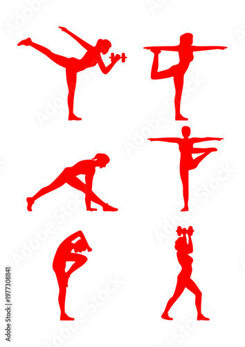 Red female fitness silhouettes and yoga workout poses set, Minimalist red silhouettes of active woman for wellness design, Woman exercising with dumbbells and stretching vector icons, Healthy lifestyl