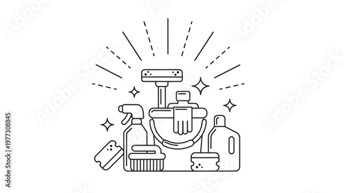Cleaning supplies set with bucket, spray bottle, brush, sponges, and detergent for spotless home maintenance services