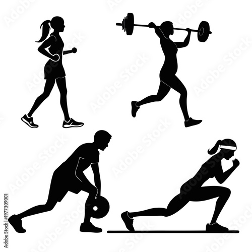 A set of black silhouette icons depicting people engaging in various fitness activities and exercises