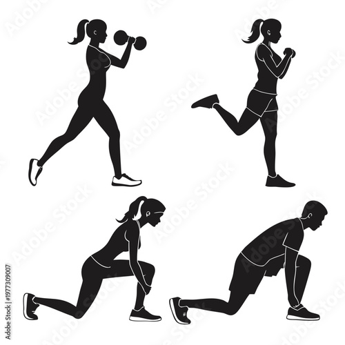 A set of black silhouette illustrations of people performing various exercises with dumbbells and bodyweight